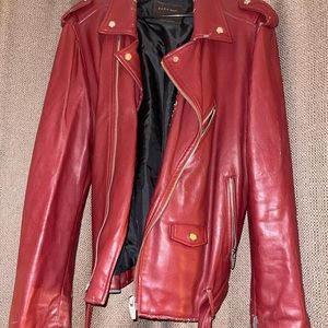 Zara Red Leather Bomber Jacket